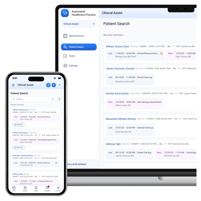 Patient Search in Clinical Assist, shown on a phone in front of a laptop: a list of patient result cards, each carrying identifiers and their last and next visit.
